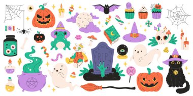 Cadılar Bayramı çıkartmaları; hayaletler, balkabakları, mezar taşları, iksirler, büyü kitabı, kara kedi, kurbağa, dolunay, şekerler, gözler, yarasa. Düz biçimli vektör illüstrasyonu