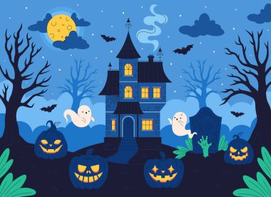 Mezarlık, balkabağı, yarasalar, ağaçlar, dolunay olan perili bir ev. Mutlu Cadılar Bayramı. Düz biçimli vektör illüstrasyonu