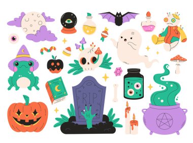 Cadılar Bayramı çıkartmaları hayaletler, balkabakları, mezar taşları, iksirler, büyü kitabı, kurbağa, dolunay, şekerler, gözler, yarasa. Düz biçimli vektör illüstrasyonu
