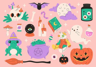 Cadılar Bayramı çıkartmaları hayalet, balkabağı, iksir, büyü kitabı, kurbağa, şeker, yarasa, kazan, vudu bebeği. Düz biçimli vektör illüstrasyonu