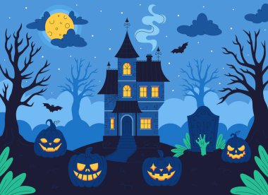 Mezarlık, balkabağı, yarasalar, ağaçlar, dolunay olan perili bir ev. Mutlu Cadılar Bayramı. Düz biçimli vektör illüstrasyonu