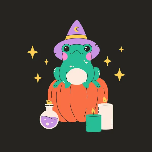 stock vector Toad in witch hat with pumpkin, potion, candles. Magic, witchcraft. Happy Halloween. Vector illustration in flat style