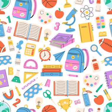 Okul gereçleri ve kırtasiye malzemeleriyle kusursuz desen. Eğitim. Okul konseptine geri dönelim. Düz biçimli vektör illüstrasyonu