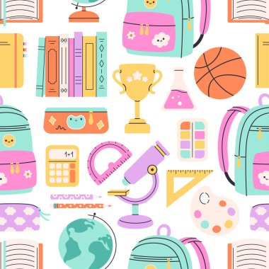 Okul gereçleri ve kırtasiye malzemeleriyle kusursuz desen. Eğitim. Okul konseptine geri dönelim. Düz biçimli vektör illüstrasyonu
