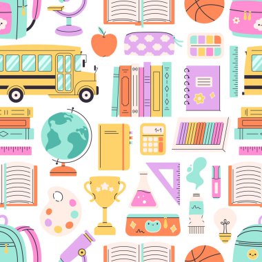 Okul gereçleri ve kırtasiye malzemeleriyle kusursuz desen. Eğitim. Okul konseptine geri dönelim. Düz biçimli vektör illüstrasyonu