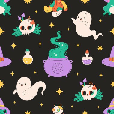 Cadılar Bayramı 'nız kutlu olsun. Kazan, hayalet, vudu bebeği, kafatası, iksir. Büyücülük, sihir. Düz biçimli vektör illüstrasyonu