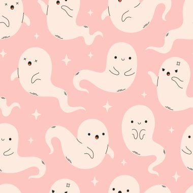 Hayaletlerle, ruhlarla dolu şirin bir Cadılar Bayramı deseni. Cadılar Bayramı karakterleri. Afişler, duvar kağıtları, tekstil ürünleri, ambalaj kağıtları için hayalet baskısı. Düz biçimli vektör illüstrasyonu