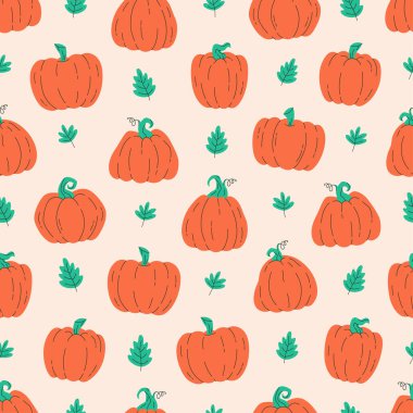 Balkabakları pürüzsüz desen. Merhaba sonbahar, sonbahar hasadı, tarım. Duvar kağıdı, tekstil, kumaş, kağıt için düz, el yapımı doku. Düz biçimli vektör illüstrasyonu