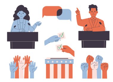 Amerika Birleşik Devletleri Başkanlık Seçimi. Adaylarla politik tartışmalar. Düz biçimli vektör illüstrasyonu