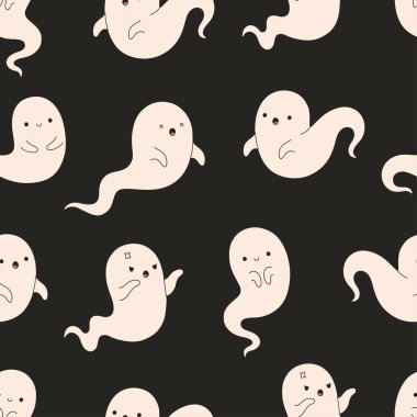 Hayaletlerle, ruhlarla kusursuz bir Cadılar Bayramı deseni. Afişler, duvar kağıtları, tekstil ürünleri, ambalaj kağıtları için kumaş. Düz biçimli vektör illüstrasyonu