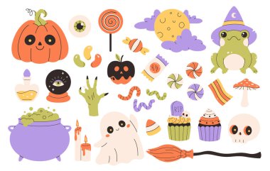 Cadılar Bayramı çıkartmaları hayalet, balkabağı, kazan, iksir, kurbağa, dolunay, şekerler, göz, süpürge, kafatası. Düz biçimli vektör illüstrasyonu