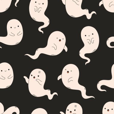 Hayaletlerle, ruhlarla kusursuz bir Cadılar Bayramı deseni. Afişler, duvar kağıtları, tekstil ürünleri, ambalaj kağıtları için kumaş. Düz biçimli vektör illüstrasyonu