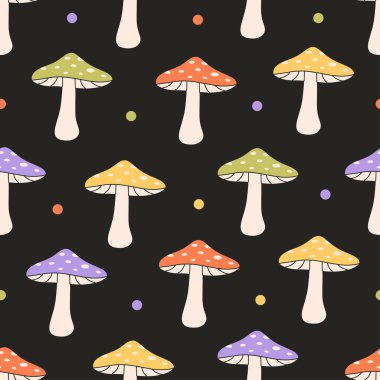 Uçan agarik mantarlar dikişsiz kalıplar. Afişler, duvar kağıtları, tekstil ürünleri, ambalaj kağıtları için kumaş. Düz biçimli vektör illüstrasyonu