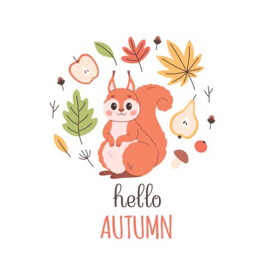 Sonbahar yapraklı, mantarlı, meyveli şirin bir sincap. Merhaba sonbahar tebrik kartı. Düz biçimli vektör illüstrasyonu