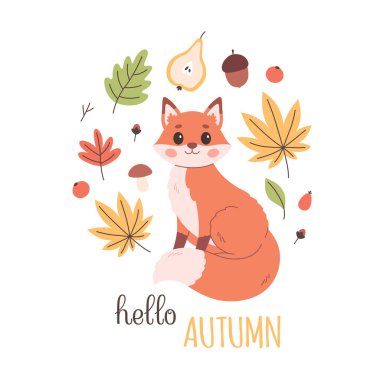 Sonbahar yapraklı, mantarlı, meyveli şirin tilki. Merhaba sonbahar tebrik kartı. Düz biçimli vektör illüstrasyonu
