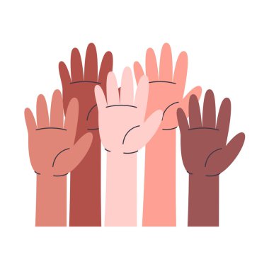Eller yukarı. Farklı milletlerden ve ırktan insanlar. Irksal eşitlik. Takım işbirliği, ortaklık, topluluk, destek, güven konsepti. Düz biçimli vektör illüstrasyonu