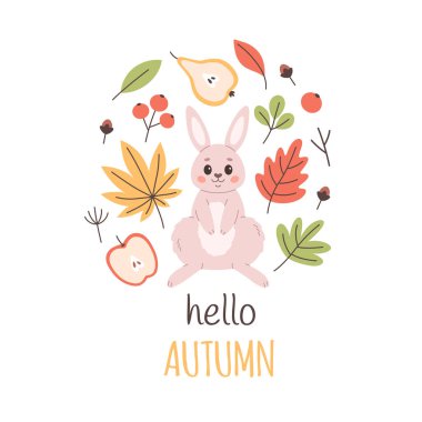 Sonbahar yapraklı, mantarlı, meyveli şirin bir tavşan. Merhaba sonbahar tebrik kartı. Düz biçimli vektör illüstrasyonu