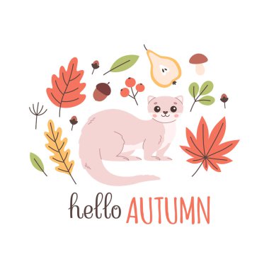Sonbahar yapraklı, mantarlı, meyveli şirin gelincik. Merhaba sonbahar tebrik kartı. Düz biçimli vektör illüstrasyonu