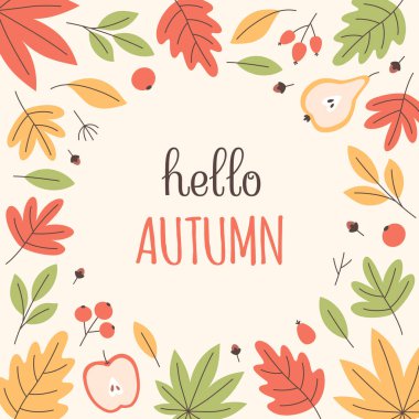 Merhaba sonbahar tebrik kartı ve sonbahar elementleri. Şirin ve rahat mevsimlik eşyalar. Sonbahar, Şükran Günü. Düz biçimli vektör illüstrasyonu