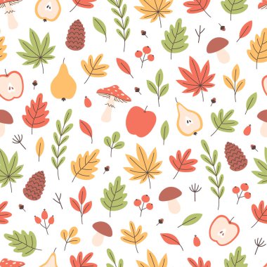 Sonbahar tatlısı ve rahat, sonbahar yaprakları, böğürtlenler, mantarlar. Sonbahar sezonu. Afişler, duvar kağıtları, tekstil ürünleri, ambalaj kağıtları için kumaş. Düz biçimli vektör illüstrasyonu