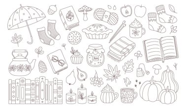 Sonbahar elementleri ayarlandı. Şirin ve rahat mevsimlik eşyalar. Sonbahar, Şükran Günü. Sonbahar boyama kitabı. Düz biçimli vektör illüstrasyonu