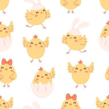 Şirin küçük piliçlerle kusursuz bir düzen. Paskalya piliçleri. Çiftlik hayvanları desenli. Düz biçimli vektör illüstrasyonu