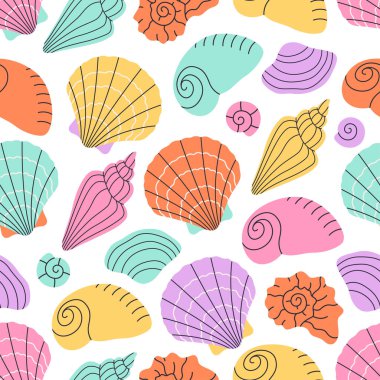 Deniz kabukları, yumuşakçalar ve deniz yıldızlarıyla kusursuz desen. Tropik deniz kabukları. Kusursuz yaz şablonu. Düz biçimli vektör illüstrasyonu