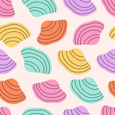 Deniz kabukları, yumuşakçalar ve deniz yıldızlarıyla kusursuz desen. Tropik deniz kabukları. Kusursuz yaz şablonu. Düz biçimli vektör illüstrasyonu