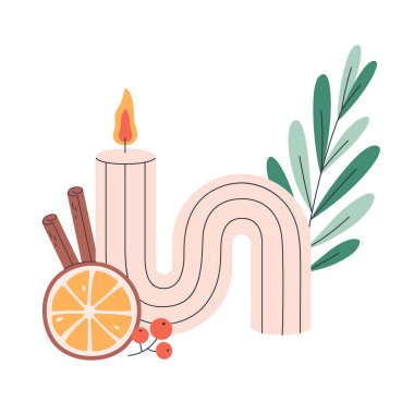 Christmas candle. Hand drawn candle with Christmas floral decorations, orange and cinnamon. Winter design. Vector illustration in flat style clipart