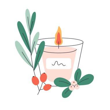 Christmas candle. Hand drawn candle with Christmas floral decorations. Winter design. Vector illustration in flat style clipart