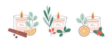 Christmas candles. Hand drawn candles with Christmas floral decorations, cinnamon, orange. Winter design. Vector illustration in flat style clipart