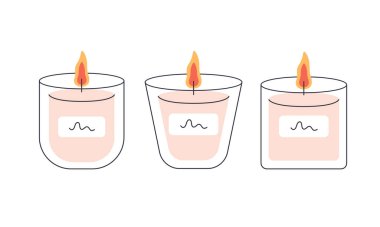 Dekoratif aromatik mumlar. Kokulu mumlar yakmak, ev içi ve aromaterapi. Düz biçimli vektör illüstrasyonu