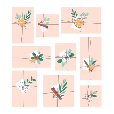 Gift boxes with Christmas floral decorations, cinnamon, orange. Winter design. Happy New Year and Merry Christmas. Boxing Day. Vector illustration in flat style clipart