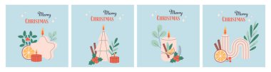 Greeting cards with Christmas candles. Hand drawn candles with Christmas floral decorations. Winter design. Vector illustration in flat style clipart