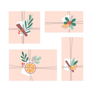 Gift boxes with Christmas floral decorations, cinnamon, orange. Winter design. Happy New Year and Merry Christmas. Boxing Day. Vector illustration in flat style