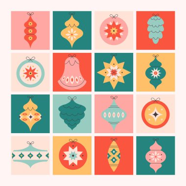 Noel ağacı oyuncakları koleksiyonu. Renkli parlak Noel baloları. Düz biçimli vektör illüstrasyonu