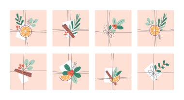 Noel çiçekleriyle süslenmiş hediye kutuları. Mutlu Noel hediyeleri. Düz biçimli vektör illüstrasyonu