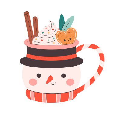 Winter Christmas hot drink decorated with sweet whipped cream, cinnamon sticks, gingerbread. Cute Christmas mug in the shape of snowman. Vector illustration in flat style clipart