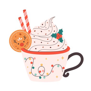 Kış Noel sıcak içeceği, krema, şeker, zencefilli kek, çikolata parçacıkları ile süslenmiş. Güzel bir Noel kupası. Düz biçimli vektör illüstrasyonu