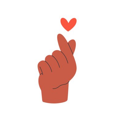 Kalp işaretli el. Aşk parmağı hareketi. Aşk kavramı, romantik ilişki, yardım, bakım, yardım, hayırseverlik ve bağış. Düz biçimli vektör illüstrasyonu