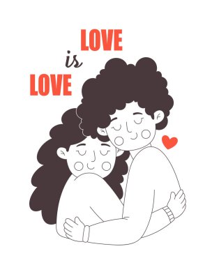 Sevimli mutlu lezbiyen çift sarılıyor. Aşk aşktır. Sevgililer Günün kutlu olsun. LGBT, Gurur Topluluğu. Vektör karalama çizimi, el çizimi tasarımı