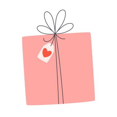 Kalp etiketli hediye kutusu. Aşk, flört, romantik, düğün hediyesi. Sevgililer günün kutlu olsun. Düz biçimli vektör illüstrasyonu
