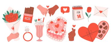Sevgililer Günü çıkartmaları hazır. Kek, kalp, aşk mektubu, hediyeler, çiçek buketi, yüzük, çikolata, aşk jesti. Düz biçimli vektör illüstrasyonu
