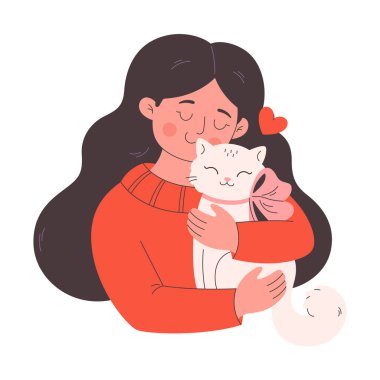 Sevimli, mutlu, kediye sarılan genç bir kadın. Kedi sever. Hayvan sahibi. Düz biçimli vektör illüstrasyonu