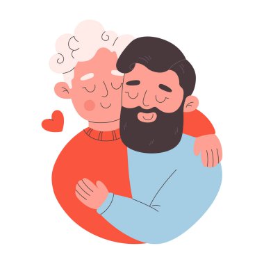 Sevimli mutlu eşcinsel çift sarılıyor. Aşk aşktır. Sevgililer Günün kutlu olsun. LGBT, Gurur Topluluğu. Düz biçimli vektör illüstrasyonu