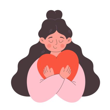 Bir kadın kalbe sarılıyor. Kendini sev, kendine dikkat et ve kendini kabullen. Akıl sağlığı. Düz biçimli vektör illüstrasyonu