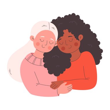 Sevimli mutlu lezbiyen çift sarılıyor. Aşk aşktır. Sevgililer Günün kutlu olsun. LGBT, Gurur Topluluğu. Düz biçimli vektör illüstrasyonu