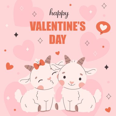 Valentines Day greeting card with cute goats. Animal love couple. Happy Valentines Day. Vector illustration in flat style clipart