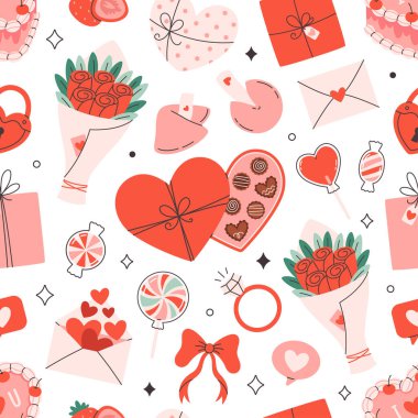Sevgililer Günü elementleriyle kusursuz bir düzen. Duvar kâğıdı, ambalaj kağıdı, tekstil, pankart baskısı. Düz biçimli vektör illüstrasyonu