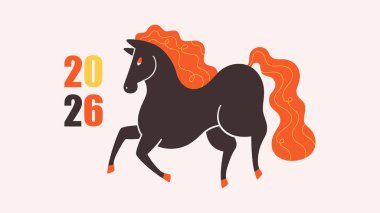 Çin takvimine göre 2026 yılının sembolü At ile vektör illüstrasyonu. Kutlama kartları, posterler, afişler için hayvanlı baskı tasarımı. At Yılı. Mutlu Çin Yeni Yılı.  